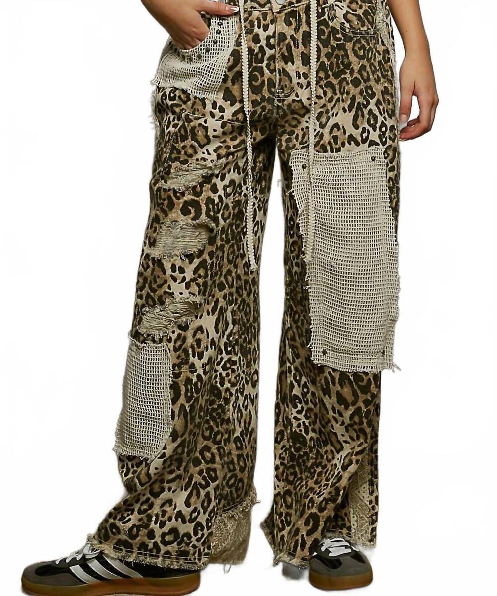 NEW POL wide leg with stud detail pants in sand leopard